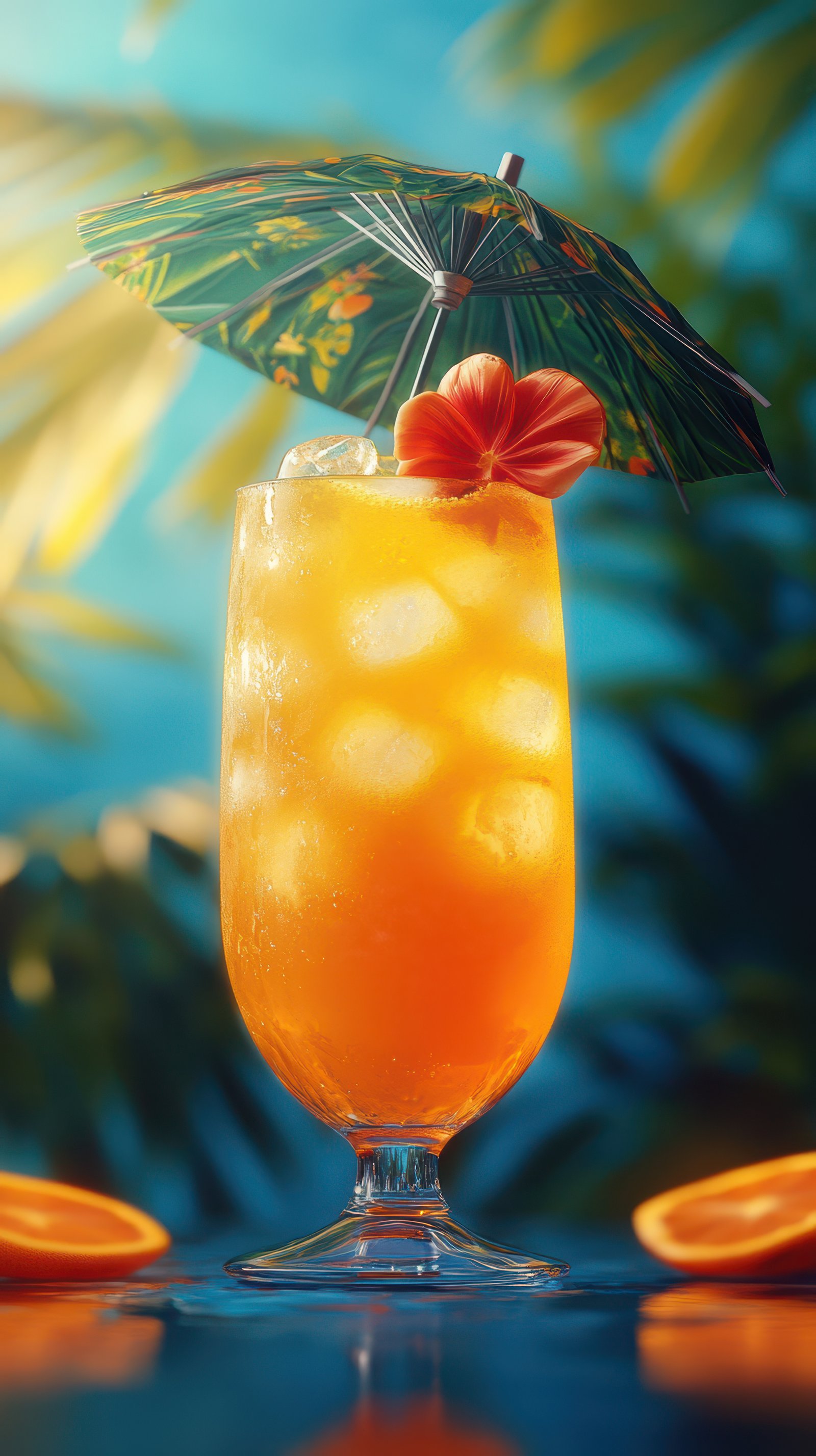 Vibrant tropical cocktail adorned with an umbrella and flower, perfect for summer celebrations by the beach